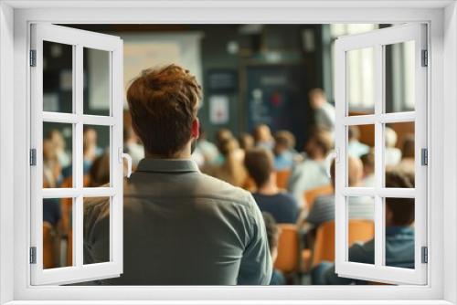 Rear view of audience in university hall during scientific conference event. Male speaker gives presentation to students, faculty members, and participants in workshop setting.