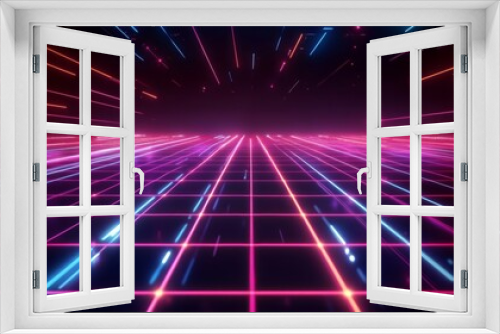 Abstract Neon Grid with Glowing Lines and Flashes