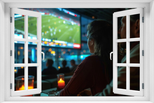 A couple in a dimly lit bar watching a soccer game on a big screen, surrounded by other patrons and lit candles.