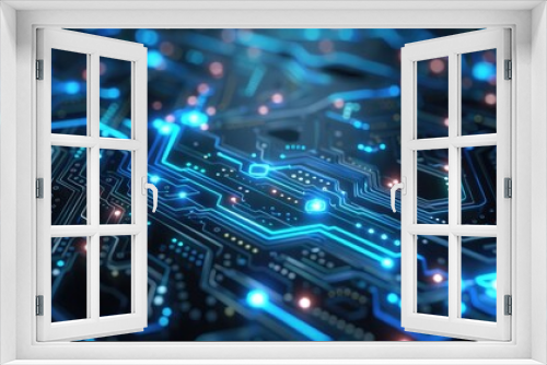 Abstract picture particle in complex circuit with digital technology style design and the electric light graphic show dynamic movement represent processor of chip algorithm process on computer. AIG53.