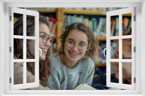 A group of university students chatting and reading books together in the library.