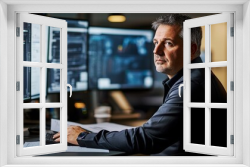 A Chief Technology Officer reviews complex data at a sleek desk, surrounded by multiple monitors, showcasing intense focus during an evening work session