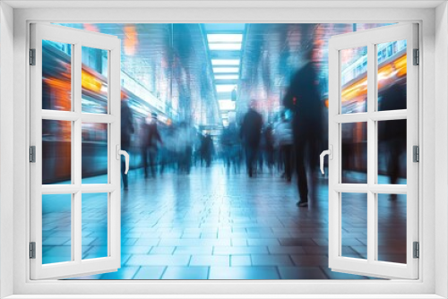 blurred figures on busy subway platform motion blur urban rush hour atmosphere muted colors and fluorescent lighting