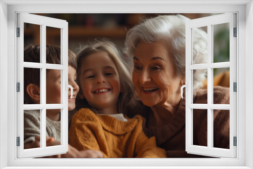 A multi-generational family gathering to celebrate Mother's Day, with a grandmother, mother, and children sharing stories and laughter around a cozy living room.