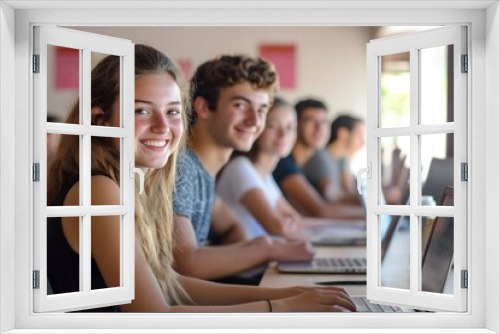 Smiling Young People in a Language School in Front of Laptops