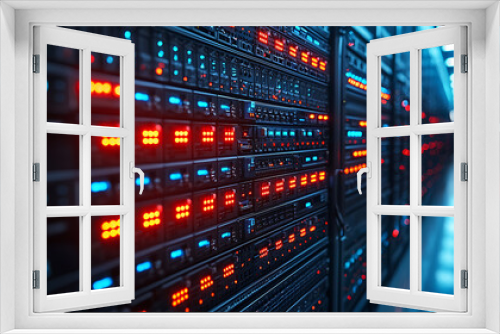 Close-up of a server rack with neatly organized cables and blinking LED indicators in a high-tech data center, with more server racks in the background.
