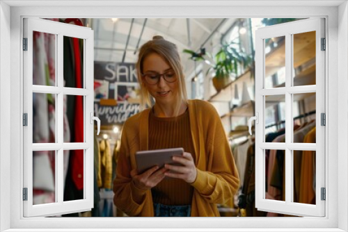 A cheerful woman in glasses and a yellow cardigan views her tablet in a boho-style clothing shop with plants and sale signs.