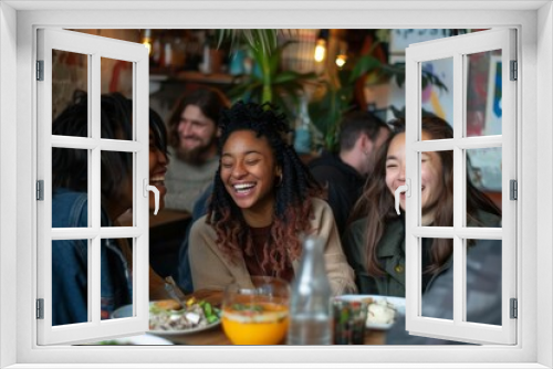 A group of friends from different ethnic backgrounds laughing and enjoying a meal together at a cozy cafe, warmth and inclusivity of diverse social interactions