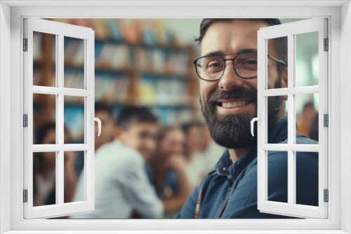 Portrait of a young teacher with a beard and glasses in a bright classroom. Smiling man teaching a lesson indoors. Education concept.