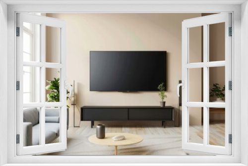 Empty living room mockup a TV wall mounted with sofa in living room with cream color wall- 3D rendering 