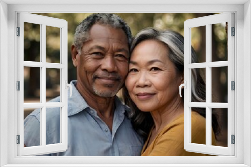 Portrait of a couple of black man from Africa and white woman from Asia, individuals of different races