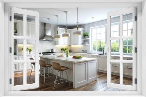 Modern White Kitchen with Island and Bar Stools.