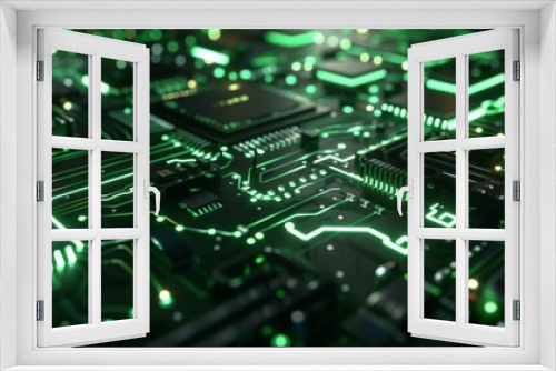 Circuit Board with Glowing Green Lines for your background business, poster, wallpaper, banner, backdrop, greeting cards, and advertising for business entities or brands.