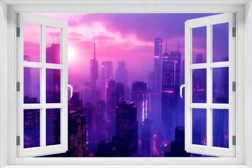 Futuristic cityscape at sunset with vibrant pink and purple hues, showcasing tall skyscrapers