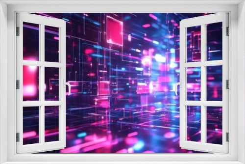 Dynamic 3D technology background with floating holographic screens and light effects, advanced design