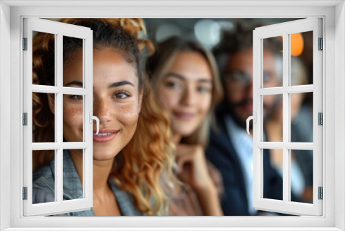 A close-up photograph of a smiling woman with curly hair, showcasing her vibrant personality and confidence, with blurred individuals in the background in an office setting.