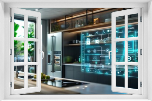 A futuristic kitchen with a refrigerator that has a screen on it. The refrigerator is connected to a computer and has a display technology concept. The kitchen is very modern