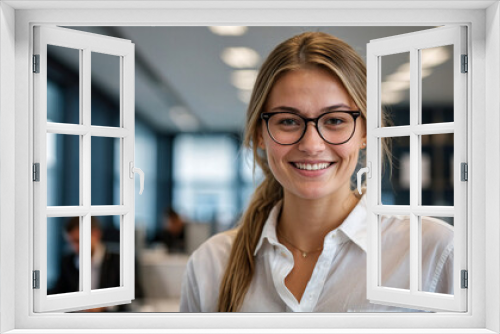 Portrait of beautiful German businesswoman short hair in white shirt and glasses smiling friendly, blurred busy office background