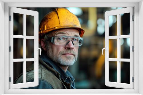 Middle-aged worker in safety glasses and a yellow helmet at a steel plant, standing in front of a blurred industrial background. Emphasizes safety, professionalism, and industrial work.