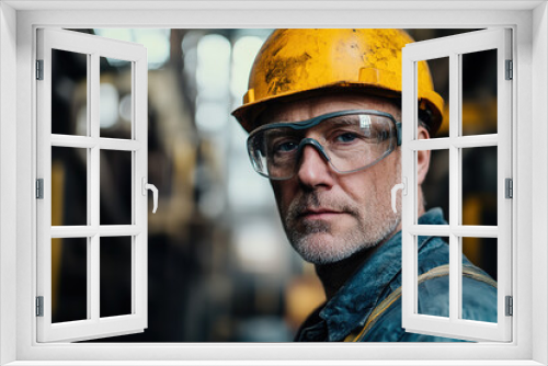 Middle-aged worker in safety glasses and a yellow helmet at a steel plant, standing in front of a blurred industrial background. Emphasizes safety, professionalism, and industrial work.