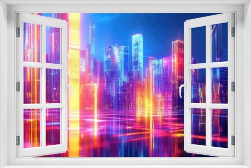 Vibrant digital neon buildings in a futuristic city skyline with advanced architecture. Digital art.