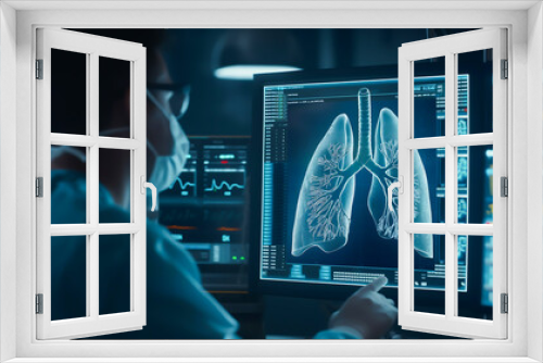 A doctor looking medical diagnosis of the human lung on screen in modern laboratory. Surgeon examines a digital holographic of human lung for disease. Medical and technology concept