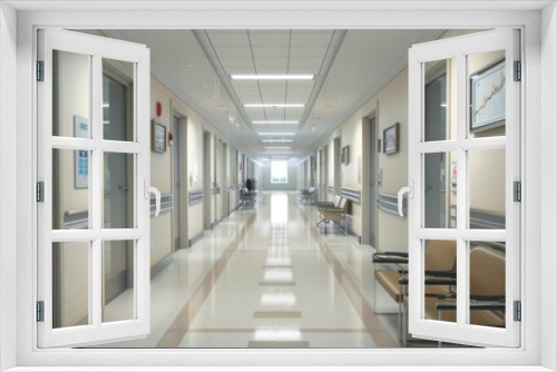 long hospital corridor 3D model , bright hospital corridor 3D render , hospital corridor with rooms 3D , hospital corridor with patient rooms 3D