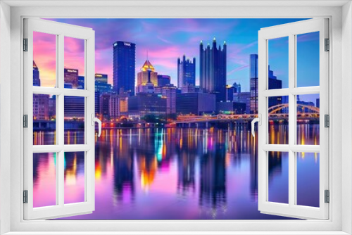 Vibrant City Skyline at Dusk with Illuminated Buildings and Reflections in the River. AI generated illustration