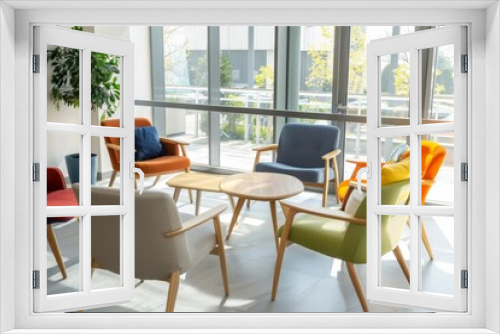 A bright, modern lounge area featuring colorful armchairs arranged in a circle around a wooden table, illuminated by natural light from large windows.