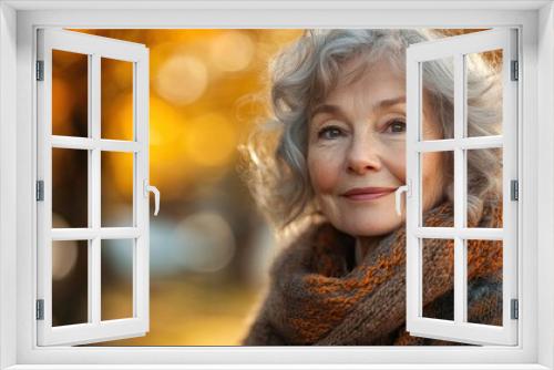 a contented elderly woman standing alone against a bright backdrop