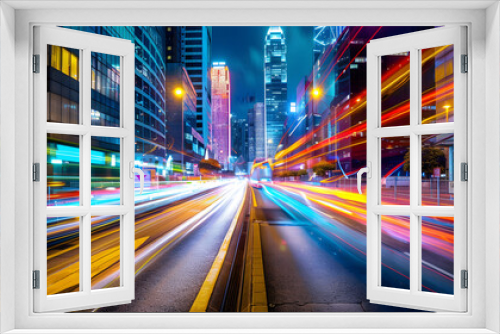 high-speed car motion blur light trails in city streets, urban background with skyscrapers, and modern buildings at night. Long-exposure photography for advertising design 