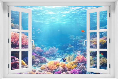 A beautiful coral reef in the open sea, teeming with marine life and vibrant colors under the clear blue water.