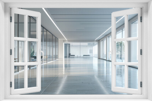 Modern office,  Wide angle shot of an empty modern office with glass partitions, emphasizing a clean and minimalist aesthetic. The space is well-lit with natural light pouring