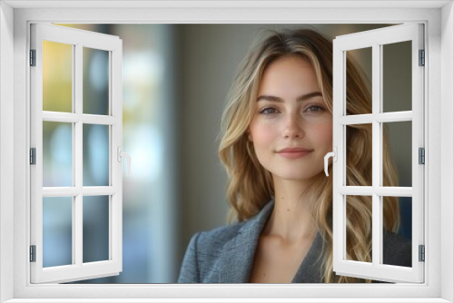 confident businesswoman in smart attire standing outdoors in urban setting natural light highlights her professional demeanor and positive attitude