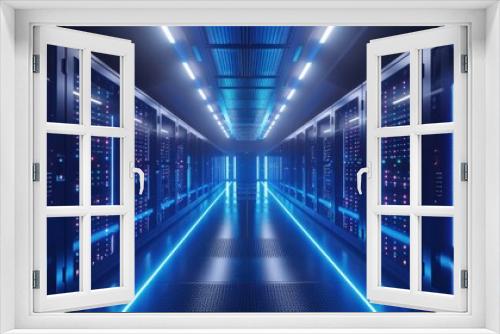 A 3D render of a modern data center, showcasing rows of sleek server racks illuminated by cool blue and white LED lights. The design emphasizes the clean, organized layout of the technology, with