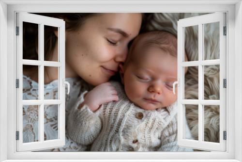 A mother is holding a sleeping baby, nurturing and motherhood concept