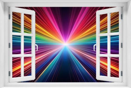 Flash rainbow abstract colorful background design. Multi-colored stripes and lines in perspective and converging into a point. Explosive light speed rays effect. Flash of bright light. Digital art. AI