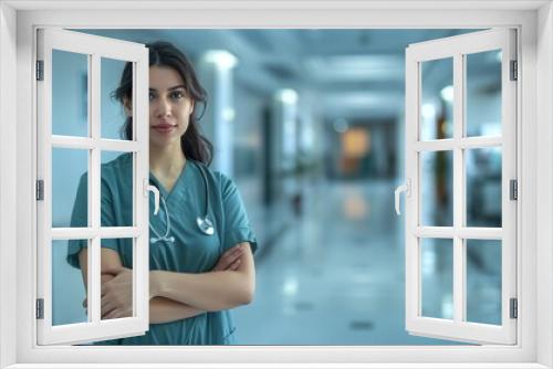 Female healthcare professional standing confidently in a hospital corridor during the day