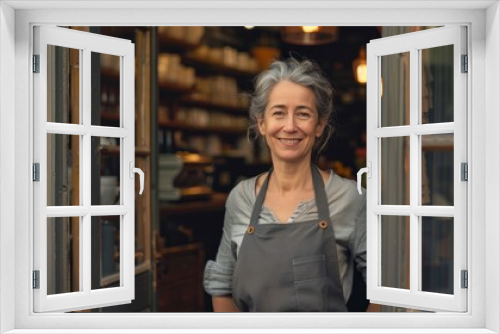 A woman wearing a grey apron stands in front of a store with a smile on her face