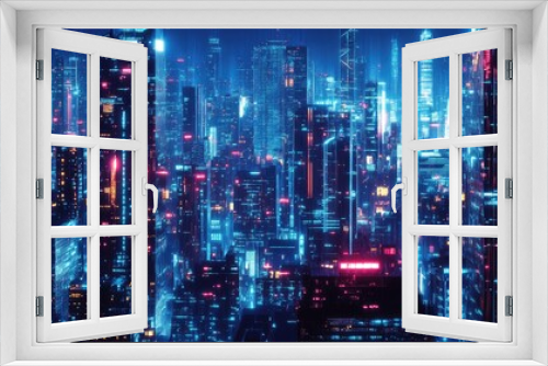 Big city night scene in cyberpunk style, futuristic nostalgia 80s, 90s. Neon lights vivid colors, photorealistic horizontal illustration. Ai generation