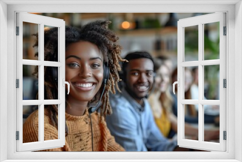 A group of diverse individuals working in a modern office environment, smiling at the camera.