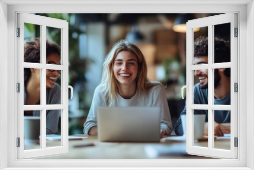 Creative businesspeople having a discussion using a laptop in an office, Generative AI