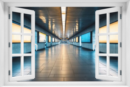 A modern, well-lit underground corridor with illuminated panels on the walls.