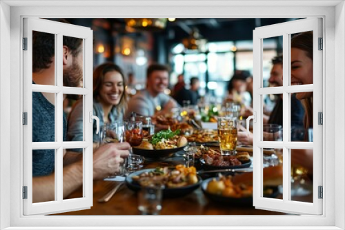 Happy men and their friends enjoying in food and drinks in restaurant, Generative AI