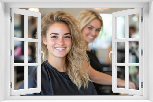 A woman with a fresh hairstyle smiling at a modern salon, capturing the joy of a new look and the pleasing experience of professional hair care, with a stylist in background.