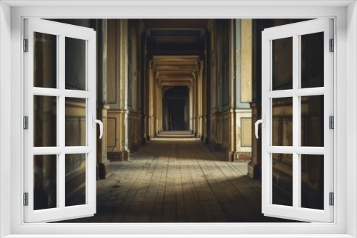 A long hallway with wooden floors and walls stretching into the distance, Layers of floors disappearing into the distance