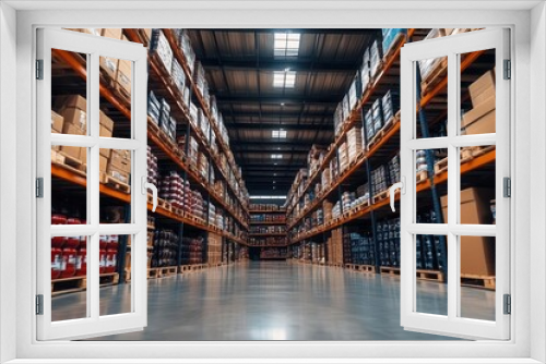 vast industrial warehouse interior towering shelves filled with diverse products vanishing point perspective cool tones