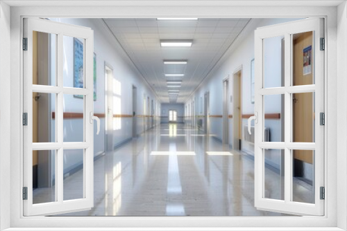 Empty Hospital Corridor with Light Reflecting off Polished Floor