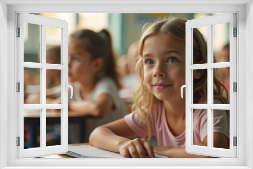 In a bright classroom, an elementary student smiles warmly at their desk, surrounded by engaged classmates in a cozy setting.