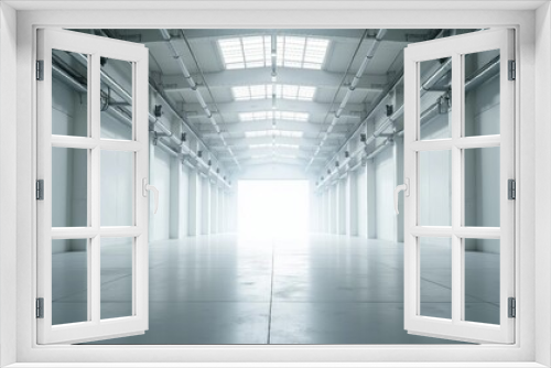 Inside a vast, empty factory, soft white tones and industrial pipes create an airy ambiance, with light reflecting off the shiny floor.